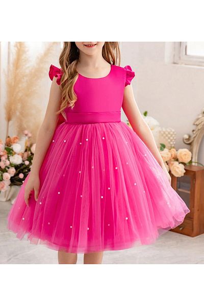 MadyaButik Girl's Fuchsia Ruffle Sleeve Short Pearl Dress Graduation Birthday Special Occasion Evening Dress