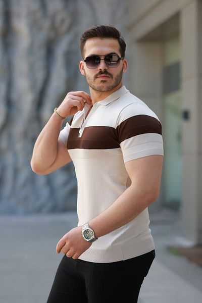 modaserdem Men's zipper collar stripe color pattern short sleeve t-shirt