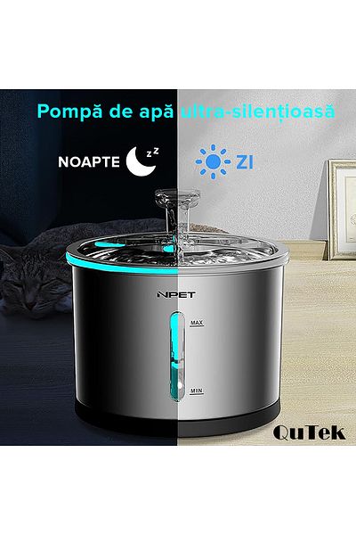 QuTek Dispenser Apa Automat Tip Fantana 1.5L, Otel Inoxidabil, Iluminare LED, 2 filtre, Caini/Pisici