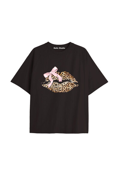 Kalic Studio Tricou negru cu imprimeu leopard vintage Y2k COD 179