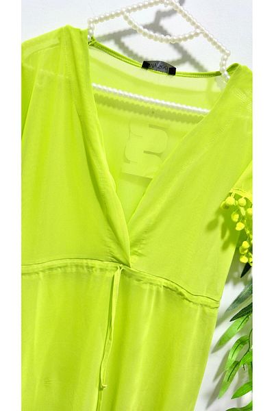 MY SEA P-19 Neon Green Waist Tie Half Sleeve Pompom Tulle Pareo