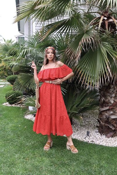 modaserdem Red Shoulder Elastic Brode Dress