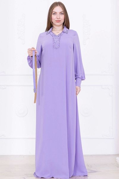 lodmela Lapel Embroidery Detailed Belted Comfortable Form Dress 1016-Lilac