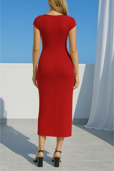 modaserdem Women's Sandy Fabric Metal Buckle Detailed Midi Length Dress