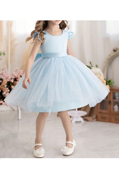 MadyaButik Κοριτσίστικο Baby Blue Ruffle Φόρεμα με κοντό μανίκι με πέρλες Αποφοίτηση Γενέθλια Ειδική Περίσταση Βραδινό Φόρεμα