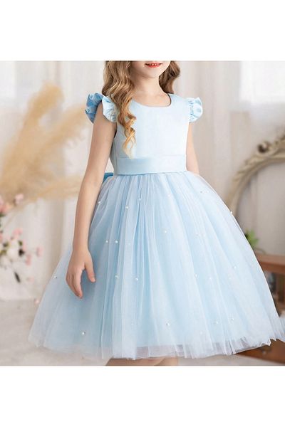 MadyaButik Κοριτσίστικο Baby Blue Ruffle Φόρεμα με κοντό μανίκι με πέρλες Αποφοίτηση Γενέθλια Ειδική Περίσταση Βραδινό Φόρεμα