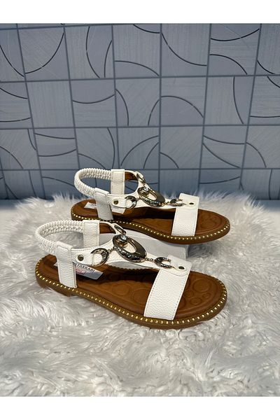 Anıl Ayakkabı Castle 35307 White Post Buckle Detail Style Orthopedic Sandals Shoes with Elastic Back