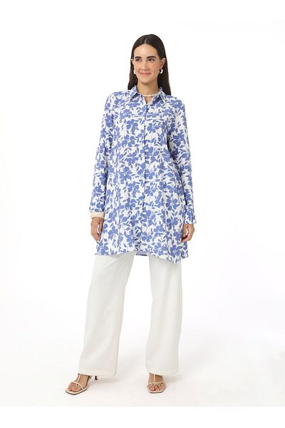 Refka Button Detailed Floral Printed Voile Tunic - Blue Patterned - Refka