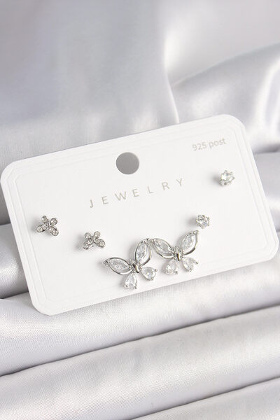 Genel Markalar 925 Ayar Gümüş Çivi Pirinç Gümüş Renk Zirkon Taşlı Kelebek Model Kadın Küpe Seti - Lisinya