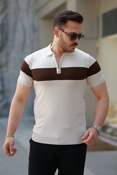 modaserdem Men's zipper collar stripe color pattern short sleeve t-shirt