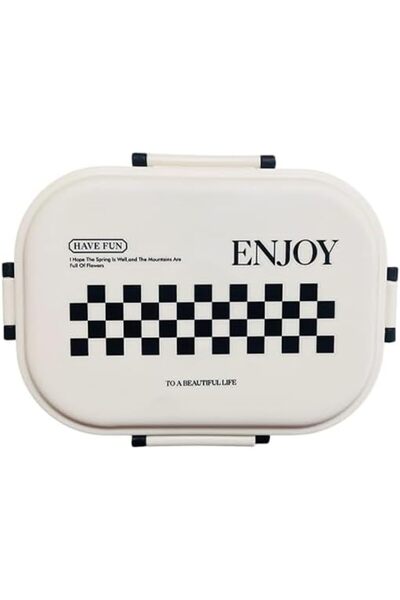 Bisbell Enjoy Checkerboard Lunch Box, Divided Compartments, White and Navy, with Spoon