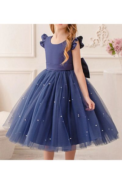 MadyaButik Girl's Navy Blue Ruffle Sleeve Short Pearl Dress Graduation Birthday Special Occasion Evening Dress