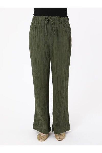 ALİA Muslin Fabric Comfortable Fit Plus Size Trousers - Khaki - Alia