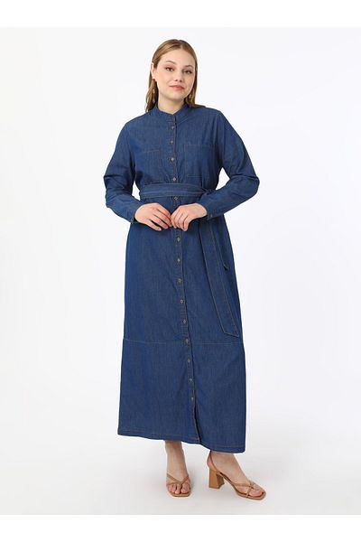 ALİA Plus Size Natural Fabric Buttoned Denim Hijab Dress - Dark Navy Blue - Alia