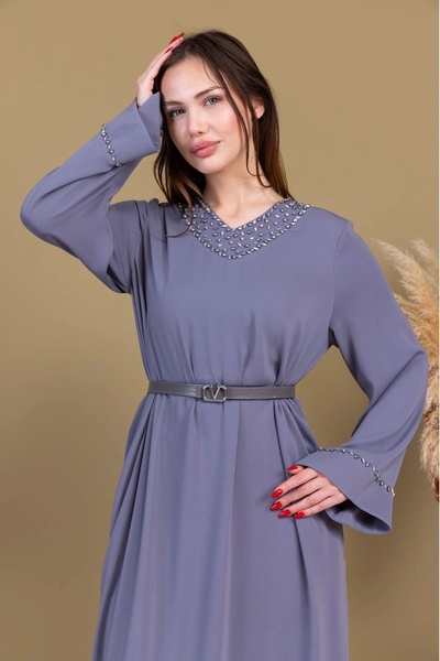 lodmela Φόρεμα Άνετης Μορφής με Λεπτομέρεια Κέντημα Πέτο και Μανίκια 1015-Γκρι