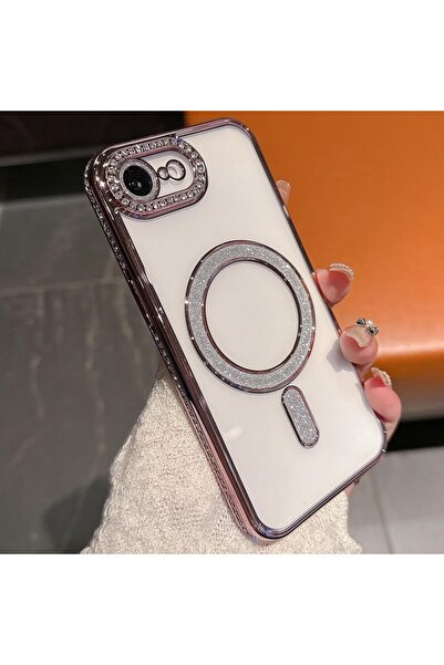 UnDePlus Apple iPhone 16E Kılıf Simli Magsafe Kamera Kenar Taşlı Kapak