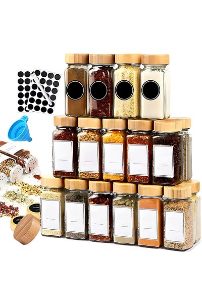 Teno Set of 24 Teno® Spice Organizer Containers, funnel, brush, sieve, labels and marker, bamboo