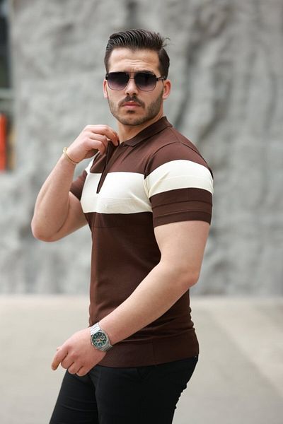 modaserdem Men's zipper collar stripe color pattern short sleeve t-shirt