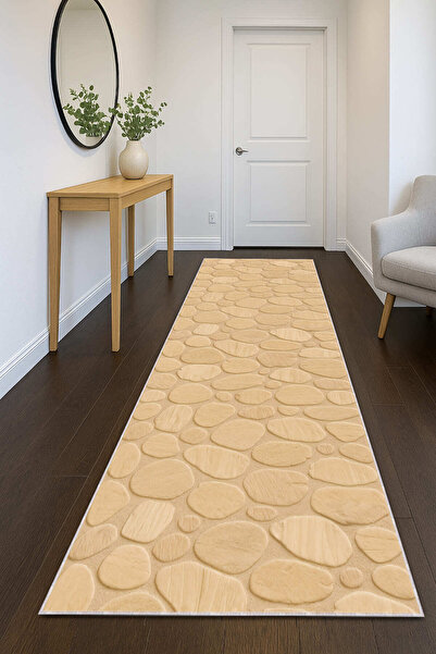 Lizia Home Krem 3D Taş Özel Ölçülü Kaymaz Tabanlı Rulo Yolluk Hol Antre Mutfak Halısı VH154