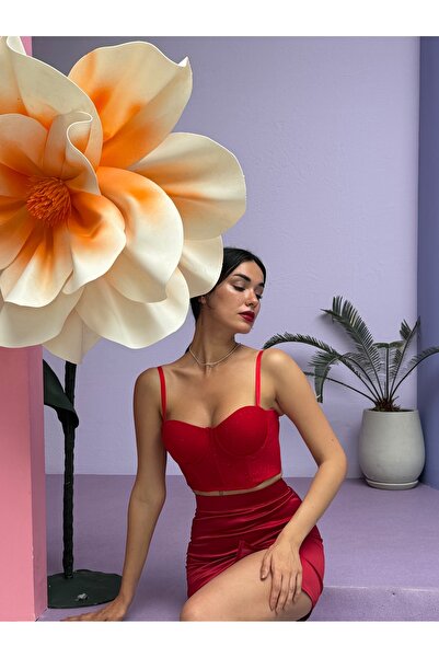 Gamze Day's Lingerie Sim Desenli Destekli Kırmızı Bustiyer Takım