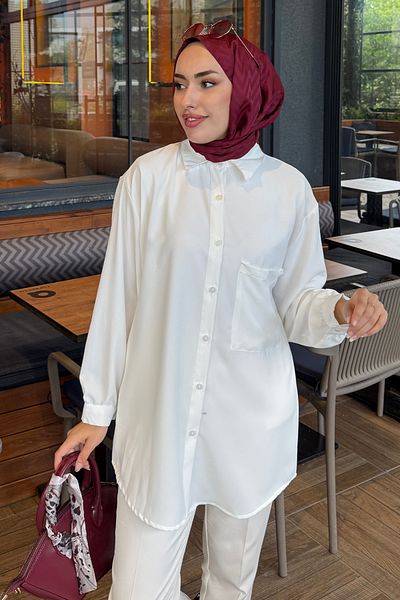 Tesettür Diyarı Women's Linda Fabric Pocket Detailed Hijab Shirt - White