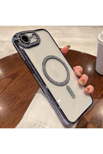 UnDePlus Apple iPhone 16E Kılıf Simli Magsafe Kamera Kenar Taşlı Kapak