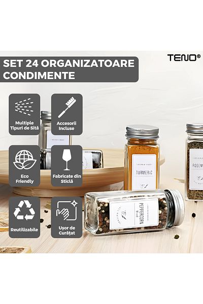 Teno Set of 24 Teno® Spice Organizer Containers, funnel, brush, sieve, labels and marker, aluminum