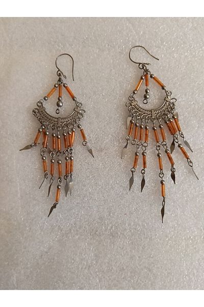Butik Tülin Authentic Handmade Alpaca Orange Glass Bead Dangle Earrings 10X2.8 cm Made in Chile