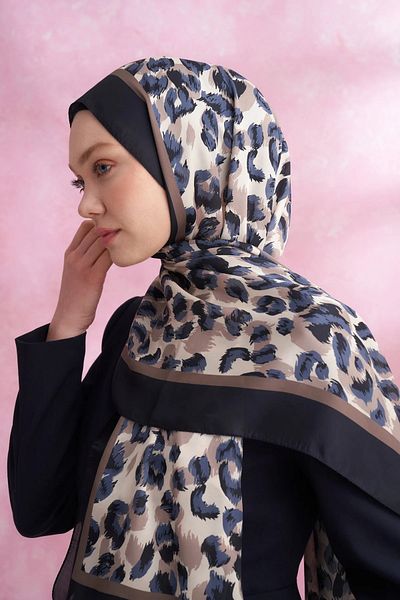 ARMANDA Leopard Voile Multi Pattern Shawl - Navy Blue Mink