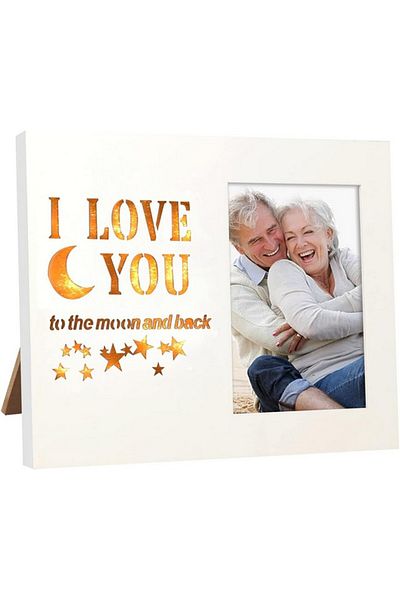 Newbyst Wooden photo frame, white, anniversary with the theme "I love you to the moon and back", illuminated, Newbyst