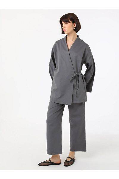 Benin Double Breasted Tie-Up 100% Cotton Kimono - Gray - Benin