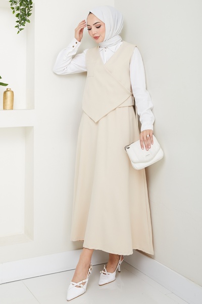 InStyle Çapraz Tek Cepli Ekru Yelekli Takım