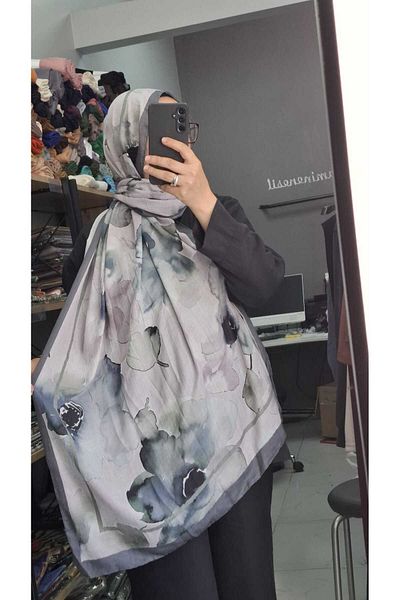 AMİNENESİL Aminenesil Bamboo Kraş Flower Pattern Shawl Gray Powder Green Color