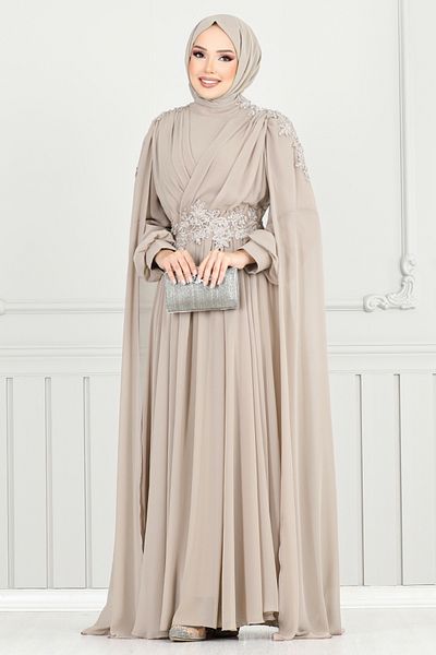 ModaMerve Βραδινό φόρεμα Hijab με ντραπέ μπροστά 4027YGS898-M Powder Vision