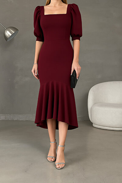 Deafox Рокля с миди дължина и квадратна яка от бордо и креп плат, балон ръкав...