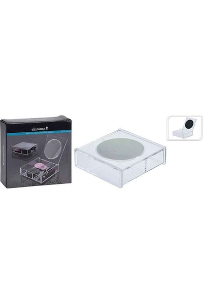 Homelux Makeup Accessories Organizer 14x14x4.5 cm, 2 compartments, lid with round mirror, transparent