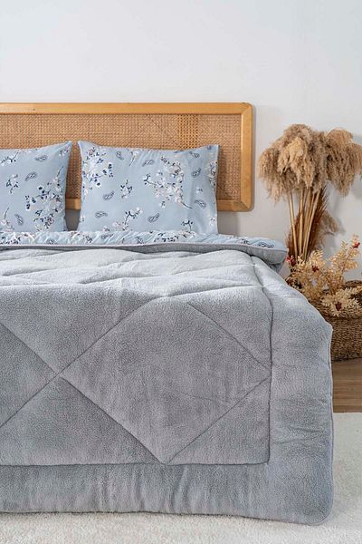 Rivaİstanbul Gray Floral Loura Single Double Sided Luxury Wellsoft Quilt Set 155X215 cm