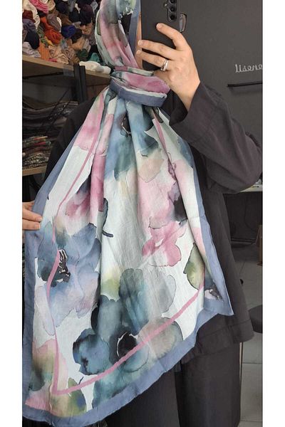 AMİNENESİL Aminenesil Bamboo Kraş Flower Pattern Shawl Blue Pink Beige