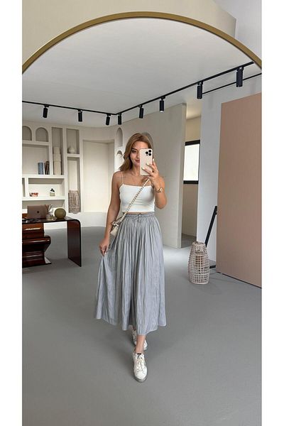Sezgi Tekin Waist Elastic Wrinkled Texture Satin Midi Smoke Gray Skirt