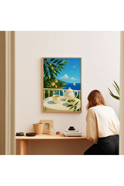 ARTHOUSECOLLECTIVE Αφίσα με κλαδί ελιάς και θέα στη Μεσογείου – Θέμα Tea Time – Αφίσα χωρίς πλαίσιο σε μεγέθη ζωγραφικής