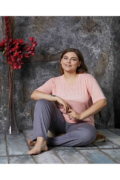 Meri Women's Gray Pink Short Sleeve Round Neck Plus Size Battal Bamboo Pajama Set