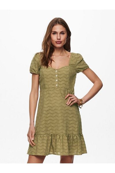 ONLY Carla Life cotton flared dress with ruffles and puff sleeves. Brown, XL