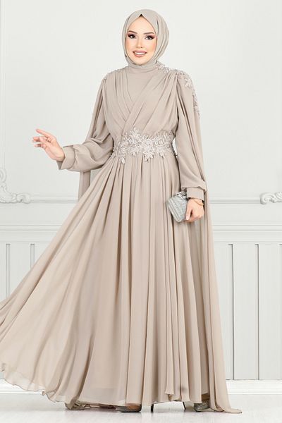 ModaMerve Βραδινό φόρεμα Hijab με ντραπέ μπροστά 4027YGS898-M Powder Vision