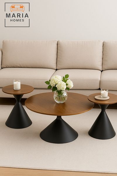 MARIA HOMES Modern Walnut Coffee Table Set – 3-Piece Round Center and Side Tables with Black Cone Base