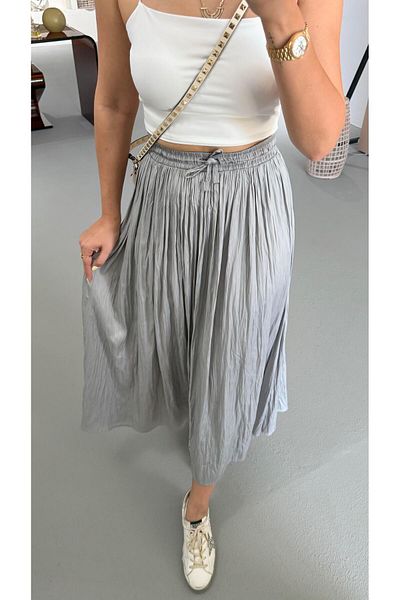 Sezgi Tekin Waist Elastic Wrinkled Texture Satin Midi Smoke Gray Skirt