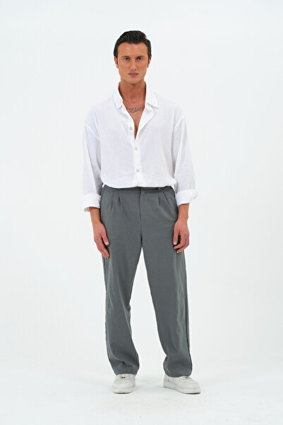 RELAXL 100% Cotton Natural Sile Cloth Comfortable Fit Pleated Dark Gray Men's Trousers