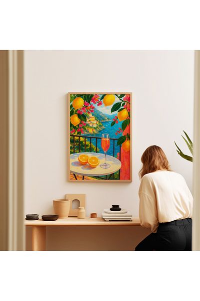 ARTHOUSECOLLECTIVE Αφίσα με θέα στη Μεσόγειο με ξύλο λεμονιού – Καλοκαιρινό μπαλκόνι και κοκτέιλ - Αφίσα χωρίς πλαίσιο σε μεγέθη ζωγραφικής