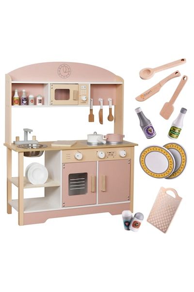 indiggo Children's Wooden Kitchen, Indiggo, 85 Cm Height, Alb/Roz