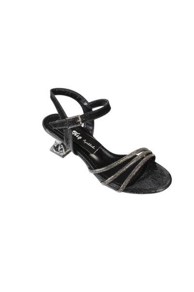 Yaz Kış Ayakkabı حذاء YAZKIŞ نسائي أسود فضي بثلاثة خطوط حجرية 5 سم شفاف بكعب ...