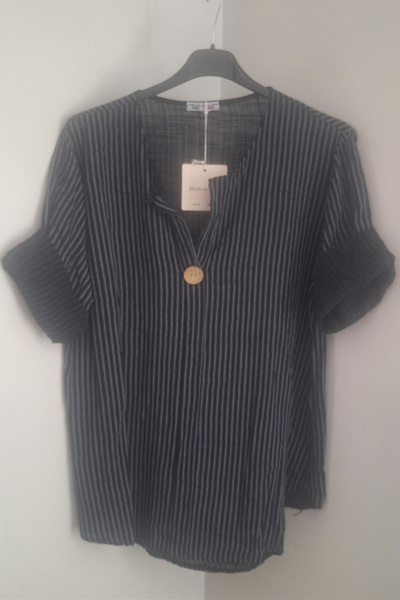 AYASOFYA OTANTIK Γυναικεία ιταλική μαύρη ριγέ μπλούζα με μανίκια 3/4 oversize...